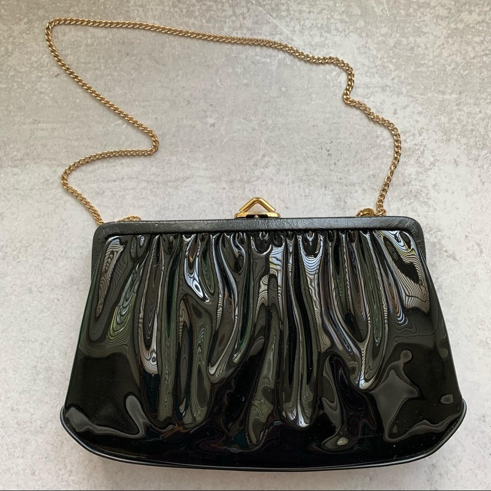 Vintage Black Patent Leather Convertible Clutch Gold Chain
